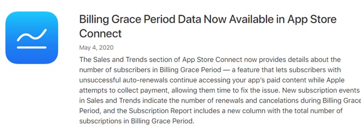 苹果 App Store Connect 现提供帐单宽限期数据